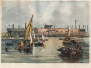 Pohled na transatlantickou loď „Great Eastern“ (Leviathan) ve výstavbě v loděnici Thames Shipyard v Londýně. Gravírování do „“ The illustrated London News““ ze 7. listopadu 1857. od Unknown artist
