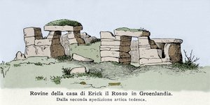 Viking: pohled na ruiny domu norského Erica le Rouge (Erik Le Rouge) (940 nebo 950-1003 nebo 1010) v Grónsku. Ilustrace 19. století od Unknown artist