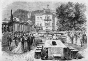 Návštěva císaře Francoise-Josepha (1830-1916) a imprese Alžběty Rakouské (Sissi) (1837-1898) s Eugenií (1826-1920), impressem Francouzů a Napoleonem III. v císařské rezidenci Hellbrunn v Rakousku dne 21. od Unknown artist