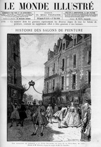 Návštěva výstavy obrazů na Place Dauphine na Ile de la Cite v Paříži, v den slavnosti dieu (fete dieu) v roce 1725. Rytina v „“Le Monde illustrious““ od Unknown artist