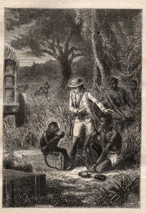 Voyage dans la Caffrerie (Jižní Afrika) (1781) od Francoise Levaillanta (Le Vaillant) (1753-1824): Levaillant a jeho opičí degustátor Maitre Kees, který ochutnává plody a kořeny, aby si ověřil, že jsou jedlé - ilustrace převzata z ““ Les Gra od Unknown artist