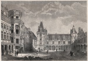 Vnější pohled na hrad Blois s monumentálním schodištěm - rytina v „“ Le Monde Illustrie““ od Unknown artist