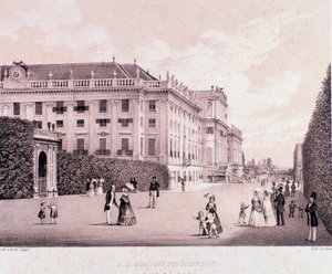 Chodci v parku zámku Schonbrunn (Schoenbrunn) ve Vídni. Rakousko. Tisky z počátku 19. století Soukromá sbírka od Unknown artist