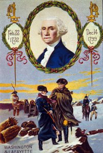 Válka za nezávislost Spojených států: markýz de Lafayette (1757-1834) se v roce 1777 setkal s Georgem Washingtonem (1732-1799) s Valley Forge, aby mu pomohli. chromolitografie 19. století od Unknown artist