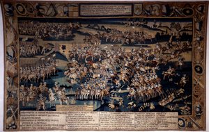 Válka náboženství: „“ Bitva u Jarnacu, smrt Ludvíka I. Bourbonského, prince z Conde (Bourbon-Conde) (1530-1569)““ Postaví 13. 3. 1569 protestantskou armádu prince z Conde proti to francouzského krále, kterému velel vévoda z Anjou. Gobelín od Unknown artist