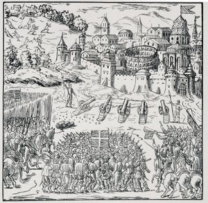 Válka náboženství: Město Nîmes obležené Armée krále (Henry III) v roce 1576 - v „“ Sbírka 39 figurek představujících katastrofy ve Francii v letech 1562 až 1586““, Louis Perrin imprim. od Unknown artist