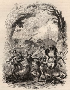 Válka Galů: Bitva u Aduatuca mezi belgickým lidem z Eburonů a římskou armádou. Poražený Quintus Titurius Sabinus a Lucius Aurunculeius Cotta v roce 54 př.nl. Rytina z roku 1868 v „Histoire de Belgique od primitivních dob do konce od Unknown artist