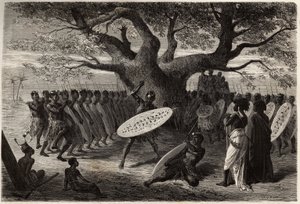 Válečnická cvičení Landines nebo caffres-zulus, Sena (oblast řeky Zambese, Mosambik). Rytina k ilustraci prvních plaveb Dr. Livingstonea do jižní Afriky v letech 1840 až 1856 v „Le tour du monde, nouveau journal des voyages““ publikovaném pod od Unknown artist