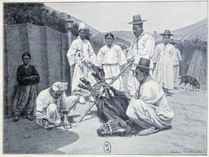 Způsob aportování koně v Koreji - rytina od Unknown artist