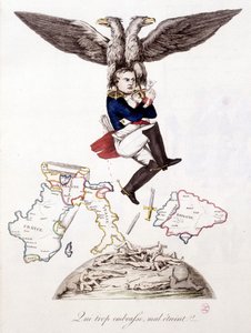 Kdo také objímá, špatně objímá: po rozsetí smrti v celé Evropě se Napoleon připojuje k ostrovu Elba, nese ho orel - v „“ Napoleon 1., karikatury, sbírka figurín“, c. 1814 od Unknown artist