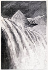 Okřídlené vozidlo přejíždějící vodopád, nemocný. ""Mistr světa"", Jules Verne, konec 19. století. od Unknown artist