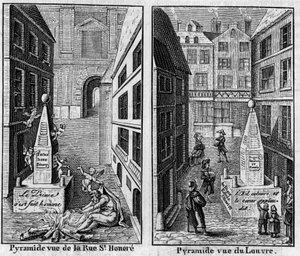 Zimní pyramida 1784 v Paříži. Fac simile (Fac-simile) dvou tisků publikovaných v „La Pyramide de neige“, almanachu z roku 1786. Rytina v „“ Nature: přehled věd a jejich aplikací v umění a průmyslu ““ ze 16. března od Unknown artist