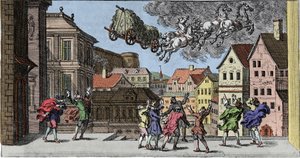 Čarodějnictví a víra: skandinávská kouzelnice, která vyvolává bouři tak silnou, že zvedne koně a jeho vůz naložený senem. Rytina z „Mundi Mirabilis Oeconomia“ od Johanna Zahna (1631-1707) od Unknown artist
