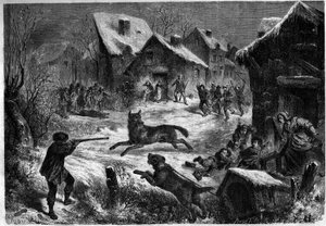 Lov vlků ve vesnici Saliers, Bouches du Rhone (13), 31. prosince 1860. Rytina v „“ Le Monde Illustré““ n¡196 z 12. ledna 1861. od Unknown artist
