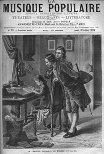 Wolfang Amadeus Mozart psal koncert pro cembalo v přítomnosti svého otce Leopolda a Andrease Schachtnera v roce 1762 - rytina v ilustrovaném týdeníku „” Popular Music””” - 1882 od Unknown artist
