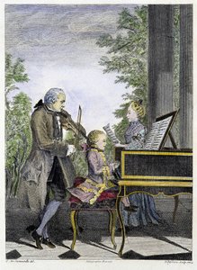 Wolfgang Amadeus Mozart dítě na klavír obklopený svým otcem Leopoldem na houslích a sestrou Marianne na zpěvu - rytina od Unknown artist