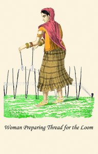 Frau bereitet Faden für den Webstuhl vor