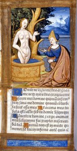 Žena na záchodě. Stránka rukopisu z Pentateuchu. 15. století. Bibl. Braidense, Milán. od Unknown artist