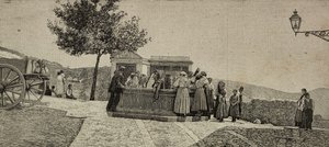 Ženy a děti u kašny v Piana dei Greci, Itálie, rytina z fotografie E. Interguglielmiho z L