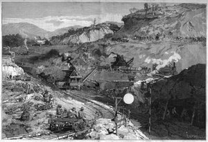 Pracovník na místě příkopu v Dolním Obispo (Bas Opispo) pro stavbu Panamského průplavu. Gravírování v „“Le Monde Illustré““ od Unknown artist