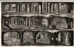 Práce v solném dole Wieliczka - hornické město v Polsku - Pohled na podzemní díla v solných dolech Wieliska, v Gallici - rytina v 