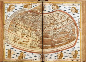 Mapa světa Claude Ptolemee. Lidské hlavy vanoucí vzduch představují různé větry (jejichž jména jsou uvedena). V „“ Latinské geografii. Beatissimo Patri Paulo Secundo Pontifici Maximo. Donis Nicolaus“. Geografický rukopis věnovaný papeži Pavlu II. M od Unknown artist