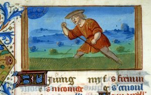 Zodiac Rak a sekání trávy - miniatura středověku (ref. 137, 048v): Žádost o povolení od Městské knihovny v Toulouse (tel: 05 62 27 66 66) od Unknown artist