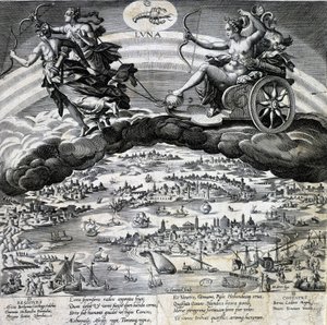 Znamení zvěrokruhu Rak. Měsíc, reprezentace tanku Semelee. Rytina 19. století. od Unknown artist
