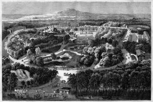 celkový pohled na zahradu aklimatizace v Bois de Boulogne nabízenou a inaugurovanou Napoleonem III v roce 1860, kombinující přírodu, bujnou flóru a exotická zvířata v „“l