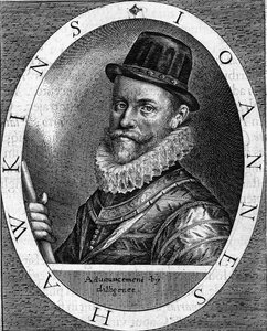 portrét sira Johna Hawkinse (Hawkyns) anglický admirál (1532-1595), známý tím, že jako první obchodoval s černou barvou, podnikl několik cest, financoval londýnskými obchodníky, mezi Afrikou a Amerikou. Rytina z roku 1620. od Unknown artist