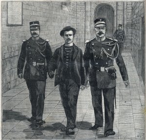 italský anarchista Luigi Luccheni (Lucheni) atentátník na Impress Elizabeth Rakouskou (Sissi) postavený před Soudní dvůr v roce 1898. od Unknown artist