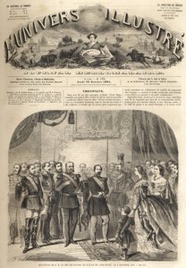 návštěva pruského krále Viléma u Napoleona III., francouzského císaře, v Compiegne, Francie 1861 - Návštěva Viléma I. Pruského (1797-1888) v Compiegne en přítomnost Napoleona III. - Rytina z „“ The Zářivý vesmír” od Unknown artist
