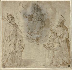 Panna s dítětem před svatými Fabiánem (nebo Řehořem Velikým) a Josefem od Unknown Sienese