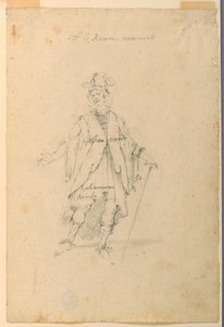 Kresba, kostýmní výprava: Muž ve fantastickém oděvu pro balet, asi 1720