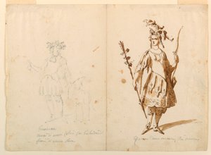 Kresba, kostýmní výprava: Mladík a Diana pro balet, asi 1720 od Unknown artistUnknown artist