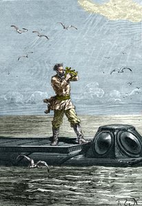 20 000 mil pod mořem. Kapitán Nemo na ponorce „Nautilus“. Ilustrace z románu Julese Verna „Dvacet tisíc mil pod mořem“ (Dvacet tisíc - 20 000 - 20 000)