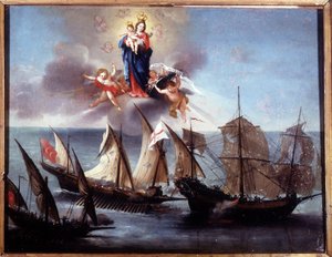 Janovský člun napadený galiotou a barbarskou pologalérou. Ex-voto 1796. Námořní muzeum Janov-Pegli. od Unknown artist