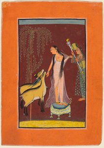 Dáma s obsluhou a pár jelenů: Pravděpodobně Gujari Ragini z Dipak, z Pahari Ragamala od Unknown artist