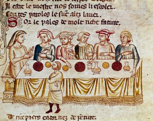 Banketová scéna: král a jeho hosté Miniatura z „“Entree of Spain““. Benátky 14. století, Biblioteca Marciana. od Unknown artist