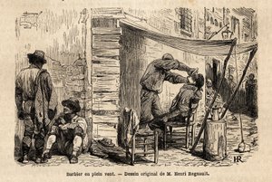 Holič ve větru v ulicích Říma. Rytina pro ilustraci plavby do Říma od Francise Weye v letech 1864-1868, publikovaná v „Le tour du monde, nouveau journal des voyages“, pod vedením Edouarda Chartona od Unknown artist