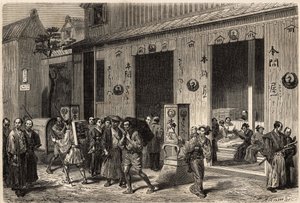 Na živé ulici se otevřelo knihkupectví s hromadami knih a čteček v Yedo (nebo Edo, dnešní Tokio). Rytina k ilustraci plavby do Japonska v letech 1863-1864 od Aime Humberta, ministra Švýcarské konfederace, v „Le tour du monde, nouveau jou od Unknown artist
