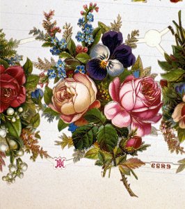 Kytice smíchaná s růžemi, fialkami. Chromolitografie 19. století. od Unknown artist