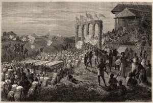 Svatební průvod v Tete (Mozambik). Rytina pro ilustraci prvních plaveb Dr. Livingstonea do jižní Afriky v letech 1840 až 1856 v „Le tour du monde, nouveau journal des voyages““ vydaném pod vedením Edouarda Chartona od Unknown artist