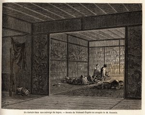 Ubytovna v hostinci v Japonsku. Rytina k ilustraci plavby do Japonska v letech 1863-1864 od Aime Humberta, ministra Švýcarské konfederace, v „Le tour du monde, nouveau journal des voyages“, vydaném pod vedením Edouarda Chartona od Unknown artist