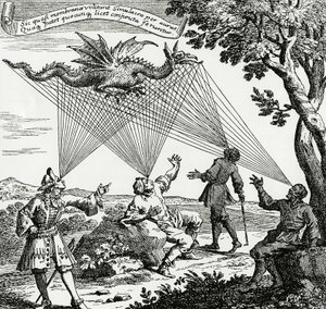 Drak viděný z různých úhlů pohledu, založený na mědirytině Zahnova „Oculus artificialis teledioptricus“. od Unknown artist