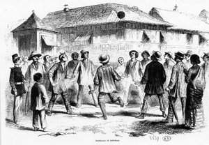 Fotbalový zápas v Manile (Filipíny) - rytina od Unknown artist