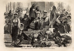 Skupina rolníků a pastýřů se schází k oslavě Svatého týdne na schodech svatého Petra ve Vatikánu. Rytina k ilustraci příběhu Svatého týdne v Římě v roce 1863 od Ludovica Cellera v „Le tour du monde, nouveau journal des voyages““ od Unknown artist