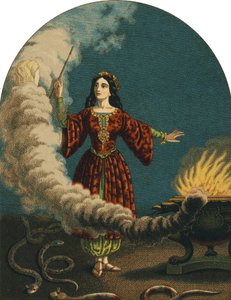 Kouzelník (čarodějnice) připravující sortileges s kouzelnou hůlkou, kotlem a hady. Rytina z roku 1852 od Unknown artist