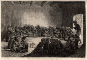 Jídlo u Turkomanů (Irák). Kresba Emila Bayarda (1837-1891) pro ilustraci cesty do Střední Asie v roce 1863 od Arminia Vamberyho (maďarského vědce v přestrojení za derviše). Rytina v „“Le tour du monde““, editoval Edouard Charton od Unknown artist
