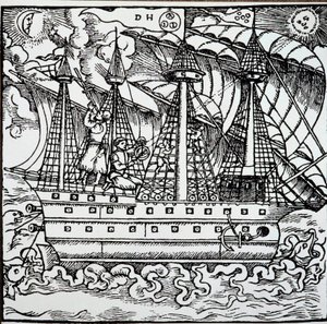 Navigátor na portugalské karavele pomocí astroláb. Rytina z cestopisných příběhů německého mořeplavce Hanse Stadena (1525-1579) od Unknown artist